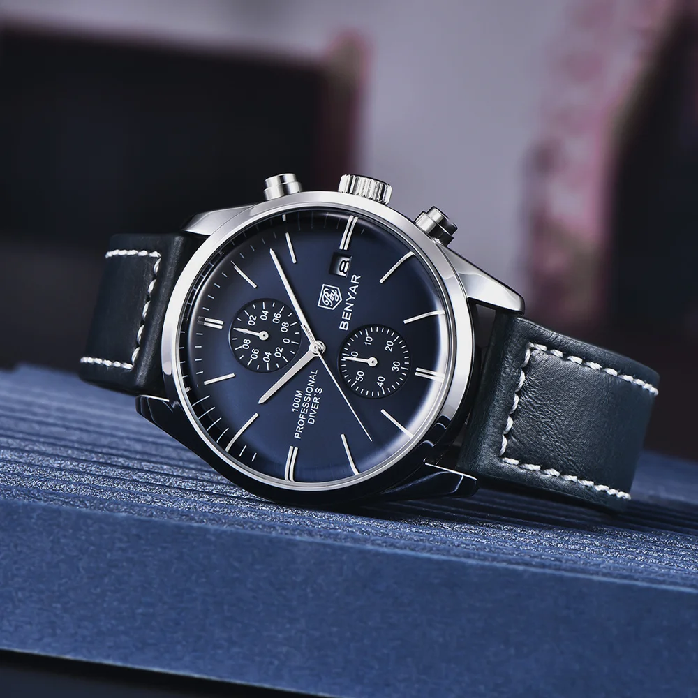 BENYAR New Leather Men Quartz Wristwatches Luxury Brand 100M Waterproof Men Watch Military Sports Chronograph Watch For Men