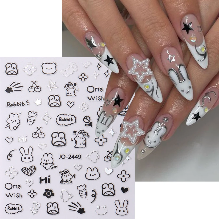 2Pcs Cartoon Cute Cat Nail Childlike Stickers Holographic Love Heart Bronzing Star Sliders Silver Chrome Nail Art Manicure Decor 4