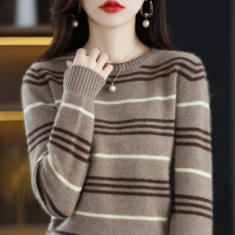 

TLYUEHANZE Autumn And Winter New Woolen Sweater Women's Round Neck Striped Pullover Loose Cashmere Bottoming Knitted Fashion Top