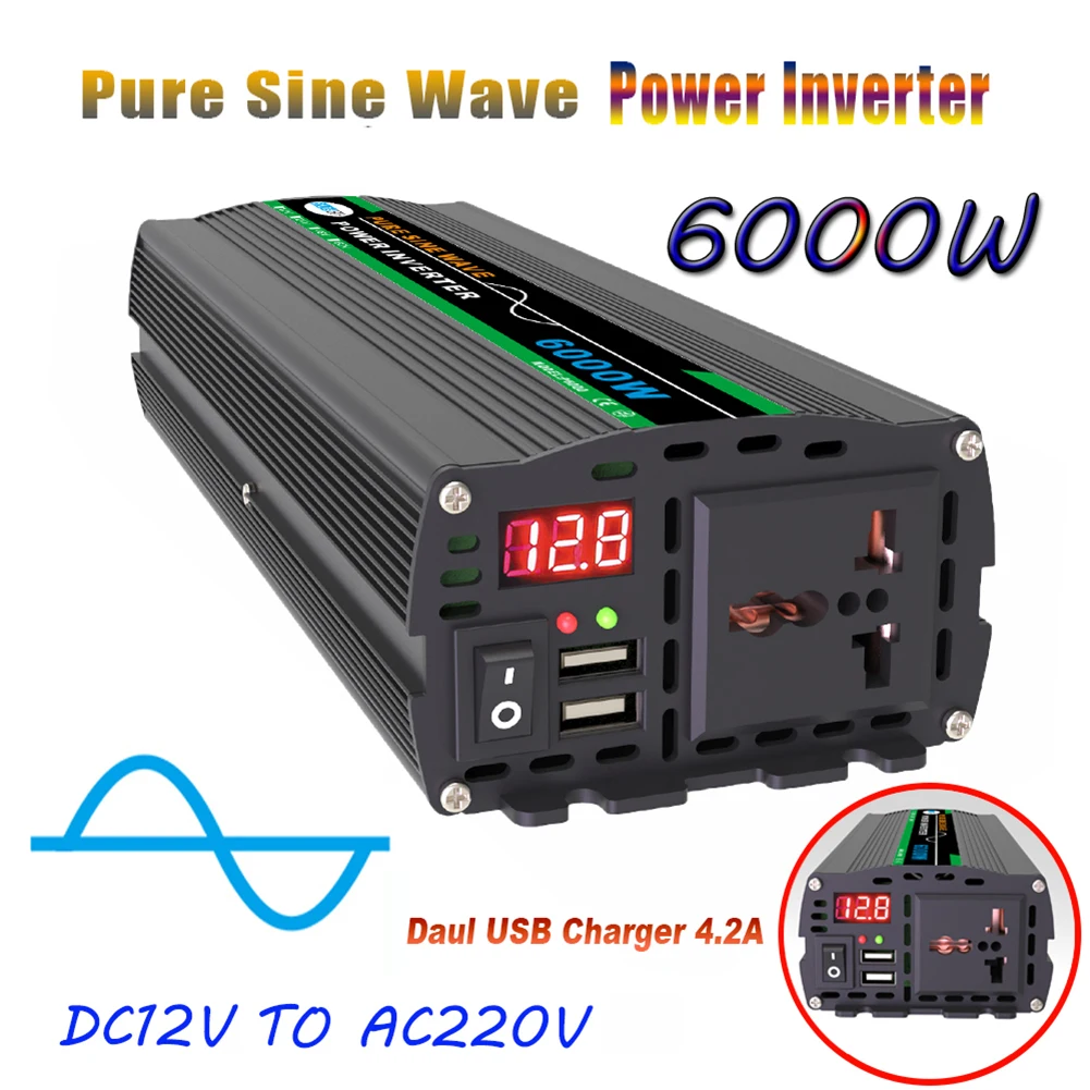 

Car Power Inverter Pure Sine Wave DC 12V to AC 220V 3000W/4000W/6000W with LED Display Screen 1x Power Socket 2x 4.2A USB Ports