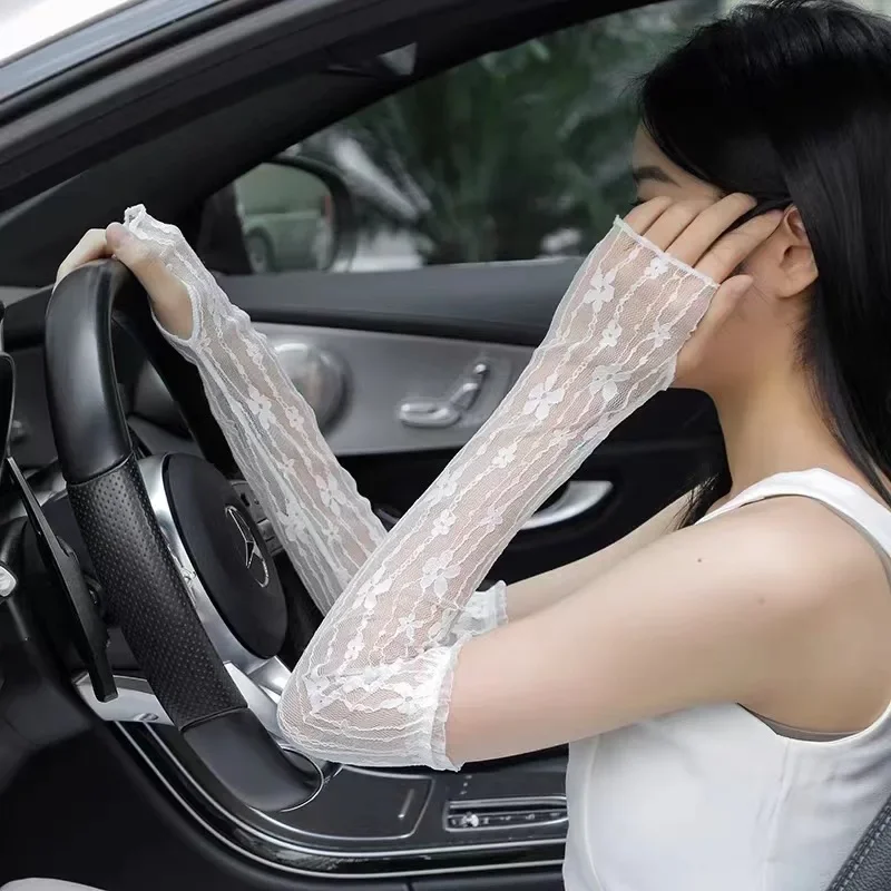 

New Long Lace Hollow-Out Fingerless Gloves Sun Protection Sleeves Mesh Lace Thin Cycling Gloves