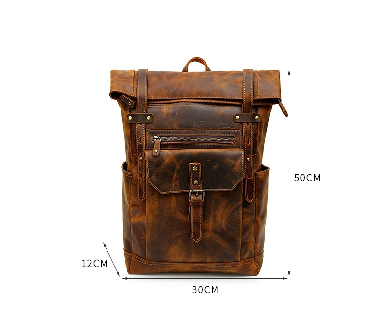 Leather Roll Top Backpack With Pockets
