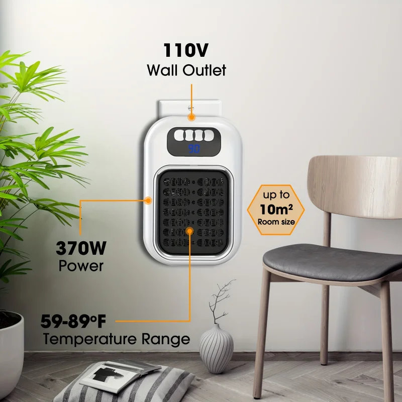 Heater Wall Socket Electric Space Heater Adjustable Thermostat TimerLEDCompact display suitable for office and dormitory use