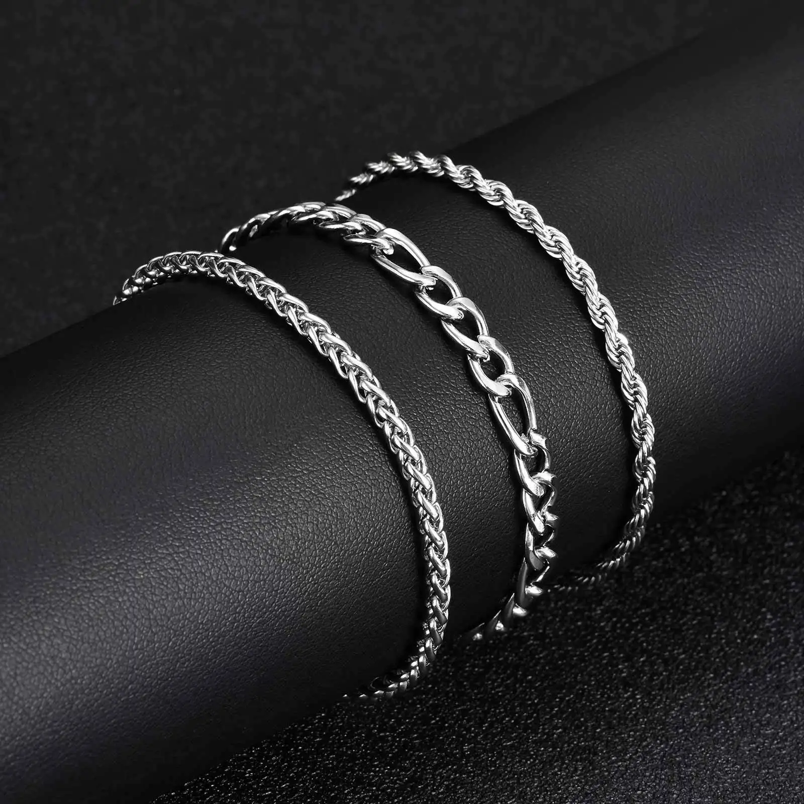 3pcs Silver Color Men's Bracelet,Waterproof Stainless Steel Wheat Chain Bracelet,Simple Casual Jewelry Gift