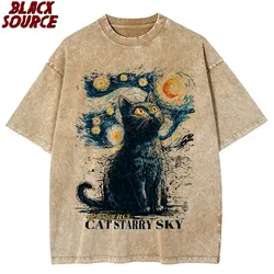 Black Cat Starry Sky Vintage Graphic T - shirt - Unisex Casual Cotton Tee - XXXL (01 T188)
