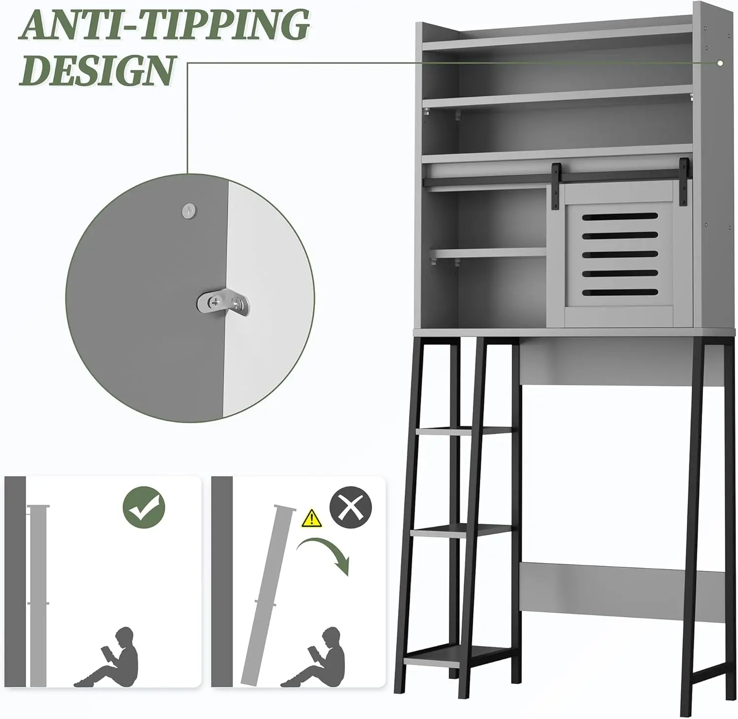 Over Toilet Storage Cabinet. Sliding Doors. Adjustable Shelf. Anti-Tip Device. Gray. For Bathroom.
