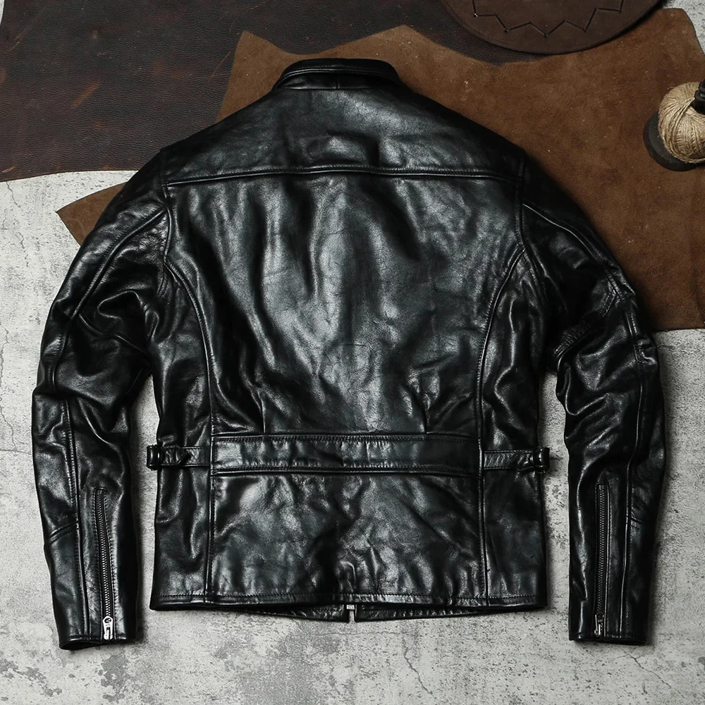 Description Picture 4 of itemshipping.sales.Japanese Free vintage cool men genuine leather coat.black wax tanned horsehide jacket.Motor Rider wear