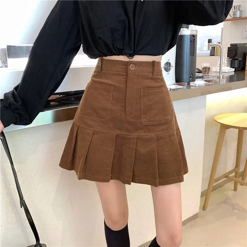 HOUZHOU Vintage Corduroy Pleated Skirt Women Korean Fashion High Waisted Pocket Patchwork A-line Mini Skirts School Girl Autumn