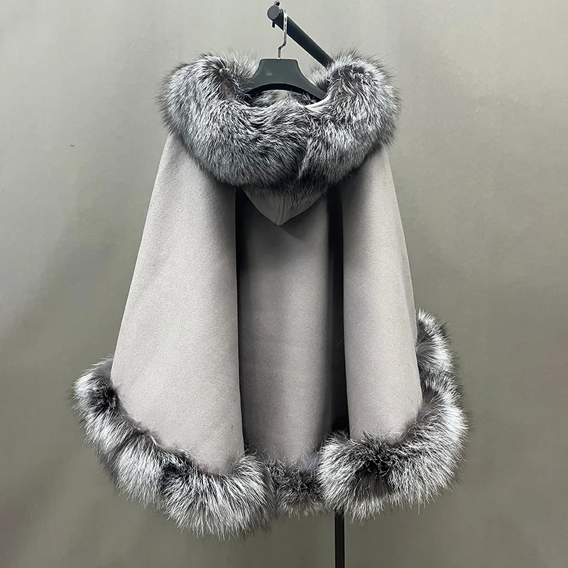 2025A Women's Hooded Real Fur Poncho Genuine Silver Fox Fur