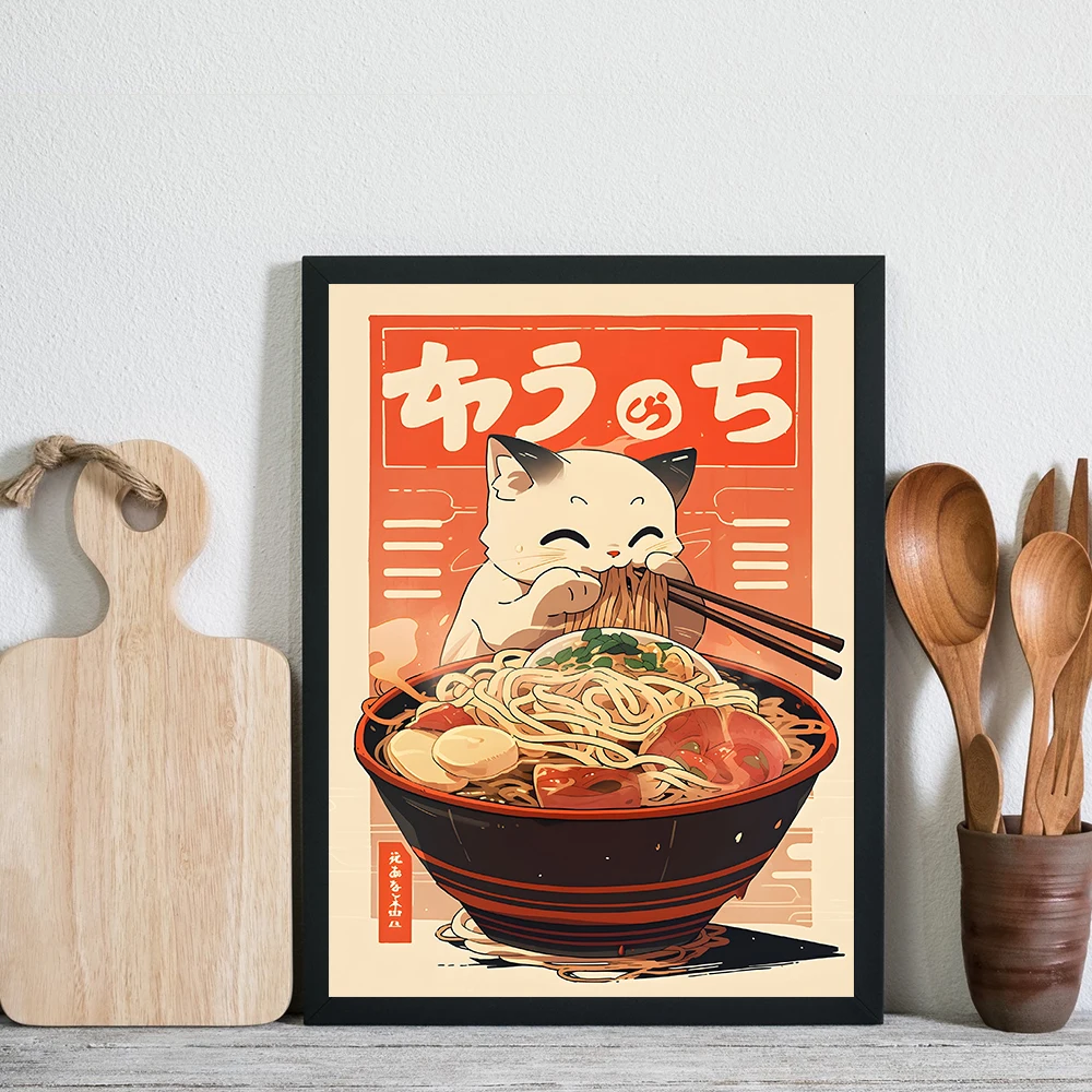 

Kawaii Japanese Ramen Canvas Painting Animal Cats Posters and Prints Noodles Food Wall Pictures for Kitchen Room Home Decoration