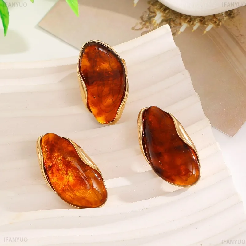 Irregular Resin Alloy Earrings Set for Women Geometric Maillard Style Retro Stud Earring Ring Fashion Party Jewelry Sets Gifts