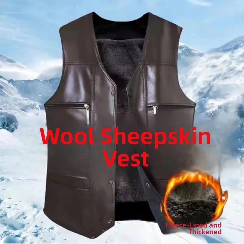New Men's Leather Vest Thiened Fce Lined Winter Sle Genuine Leather Jaet Busin Casual Straight Hem V-Ne Coat