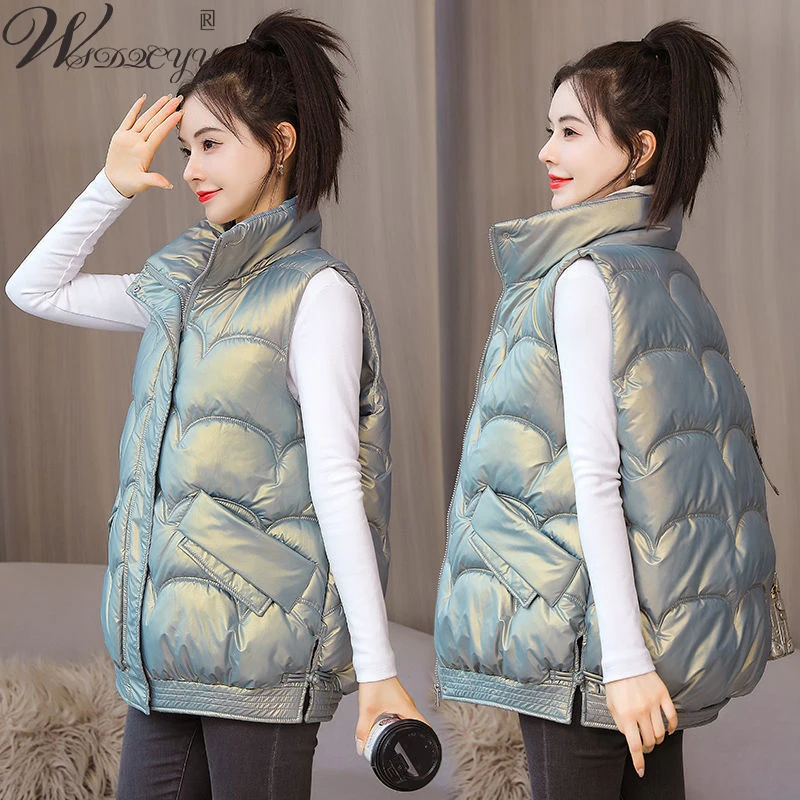 Sleeveless Winter Jacket Women Korean Glossy Cotton Down Vest Windproof Warm Loose Waistcoat Vintage Casual Waterproof Outwear