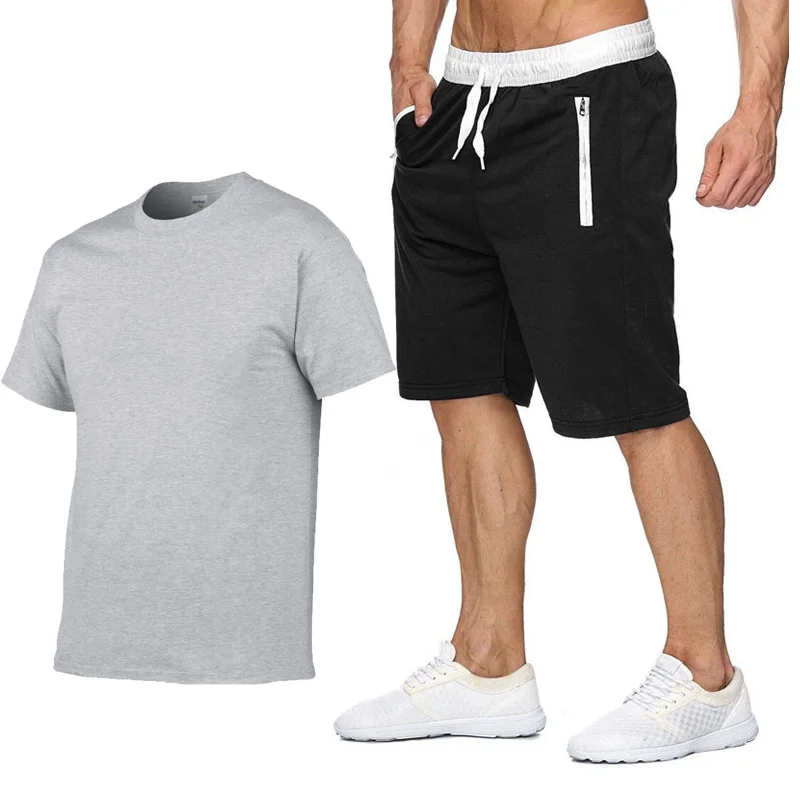 2024 New Summer 100% Cotton Men's T-shirts Shorts 2Pcs Sets Suit Y2K Gym Sportswear Brand Clothes Men's Clothing S-2XL
