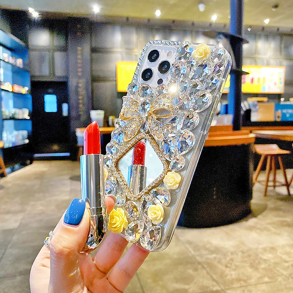 LuxuryGlitterRhinestoneBowRoseMakeupMirrorPhoneCaseForSamsung