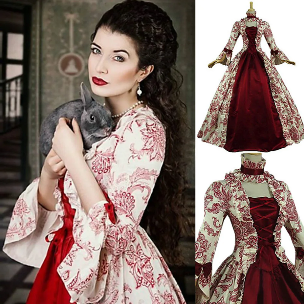 

Europe and the United States medieval Victorian court evening dress Gothic long-sleeved printed large flared sleeves stage dress