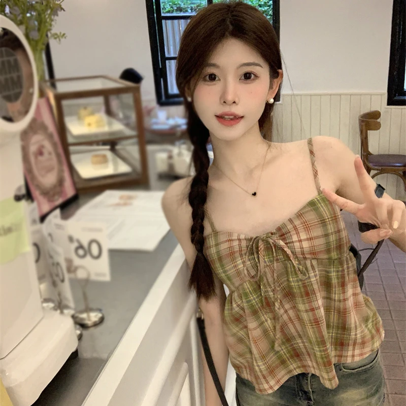 여성용 체크 무늬 홀터 레이스 업 크롭탑, 다용도 민소매 탱크탑, 한국 버전, 달콤한 패션, 여름