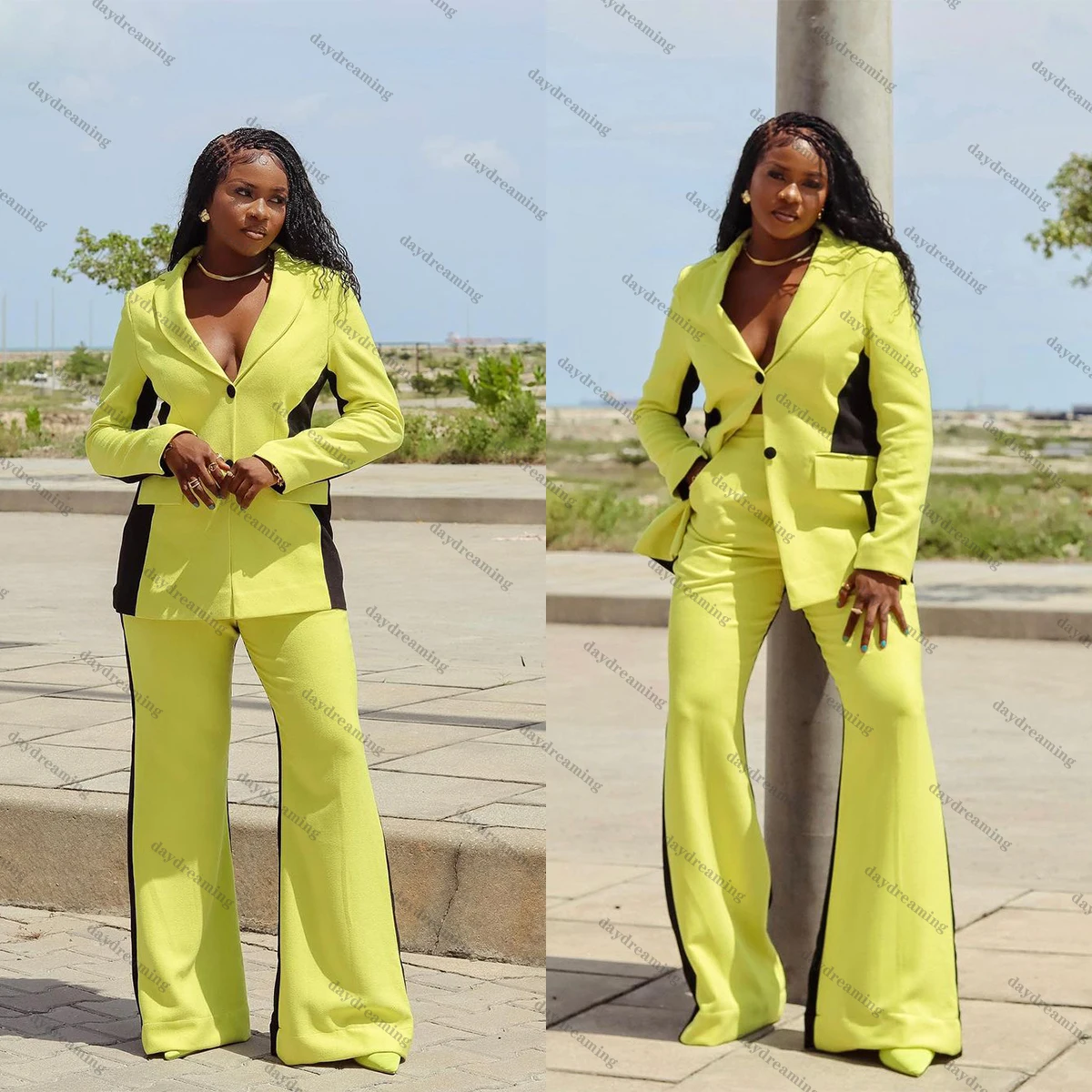 

Sexy Women Suits Dresses Single Breasted V Neck Party Gown Slim Fit Pocket Jacket Custom Made Patchwork Power Blazer 2 Pieces