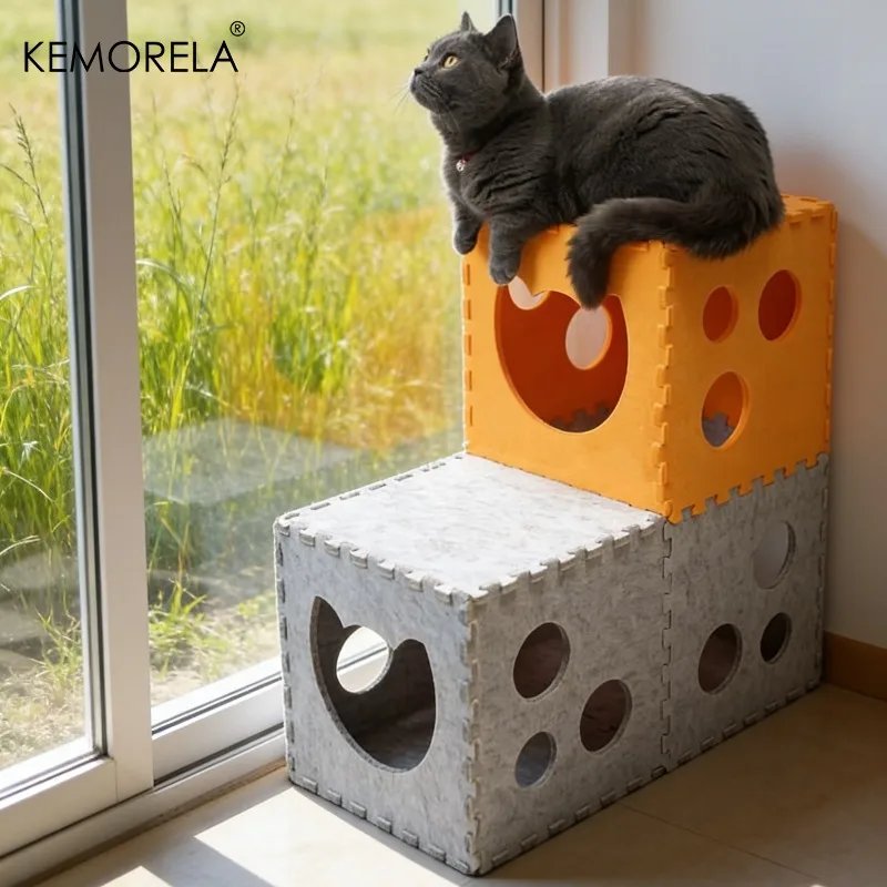 KEMORELA Cat Tunnel Interactive Cat House Foldable Cat Hideout Oversized Felt Cat Scratching Board And Bed Durable Removable