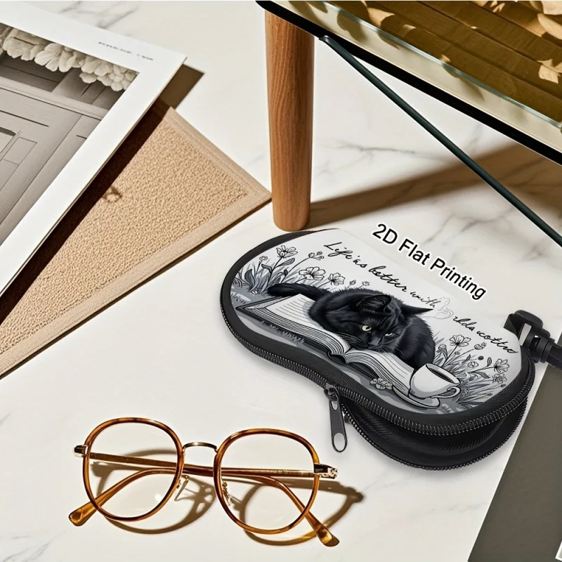 Black Cat Print Coffee Cup Style Glasses Case Portable Storage Box Perfect Gift for Women Christmas Daily Use