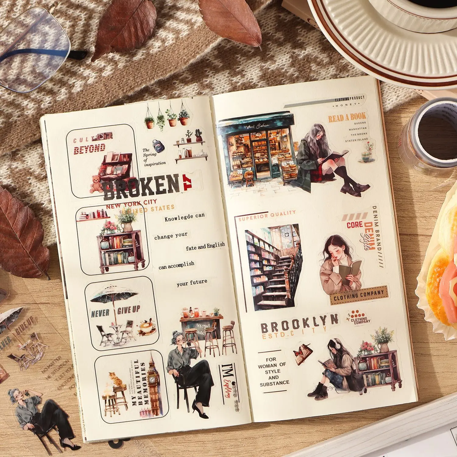 페이지 사이의 꿈같은 몽상 투명 PET 다이컷 캐릭터 스티커 저널 데코레이션 재료 레트로 예술적 귀여운 스타일 테이프