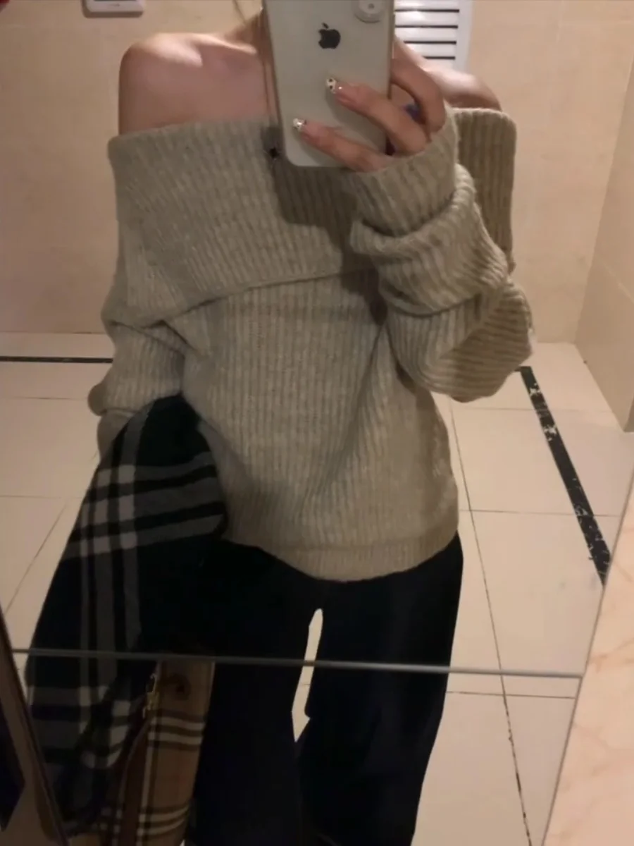 Ele Loose Knitted Sweater oulder Bared Large Collar Women's Autumn Winter Warm Thiened Casual Sle Pure Color Top
