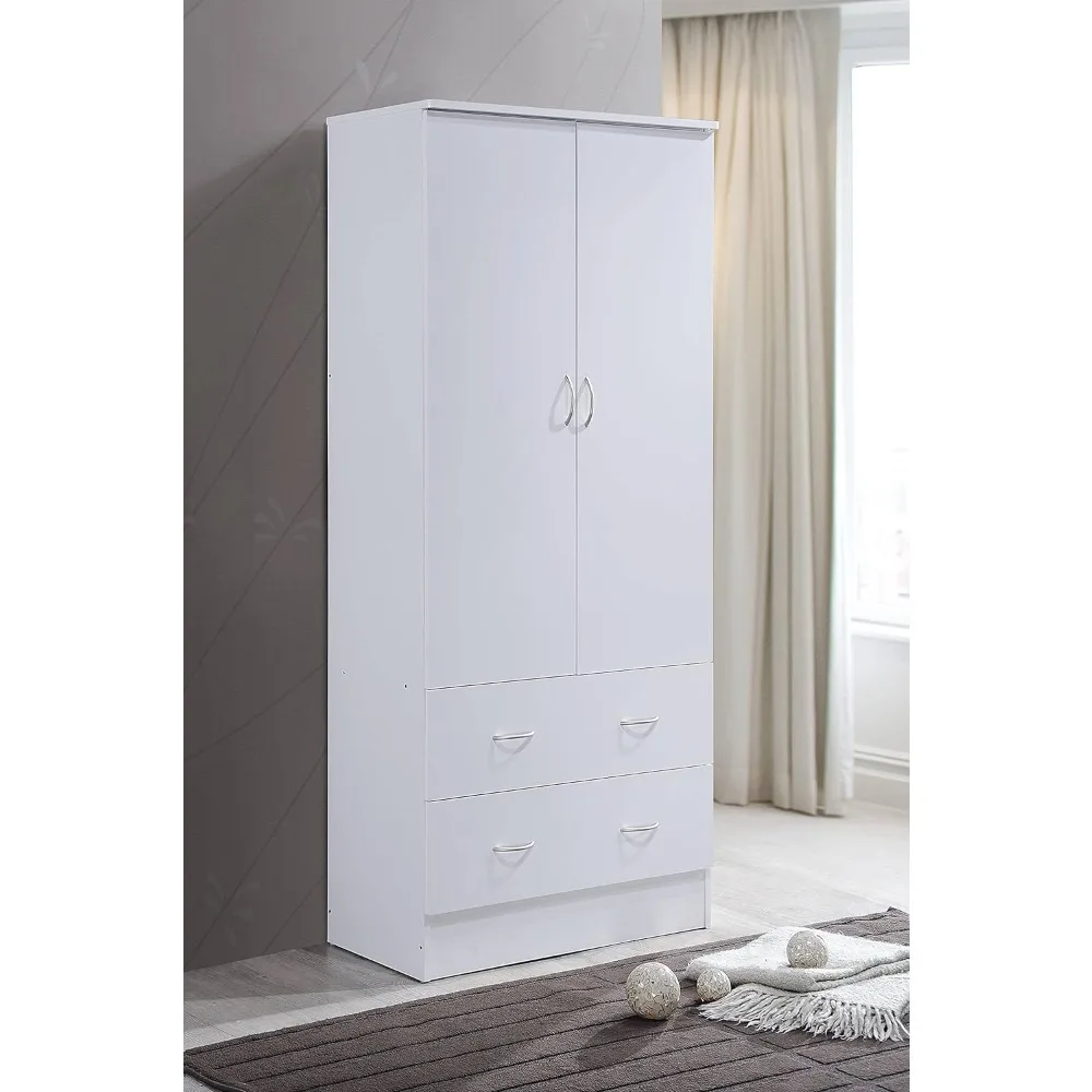 

2 Door Wood Wardrobe Bedroom Closet With Clothing Rod Inside Cabinet and 2 Drawers for Storage White Furniture Clothes Room Home