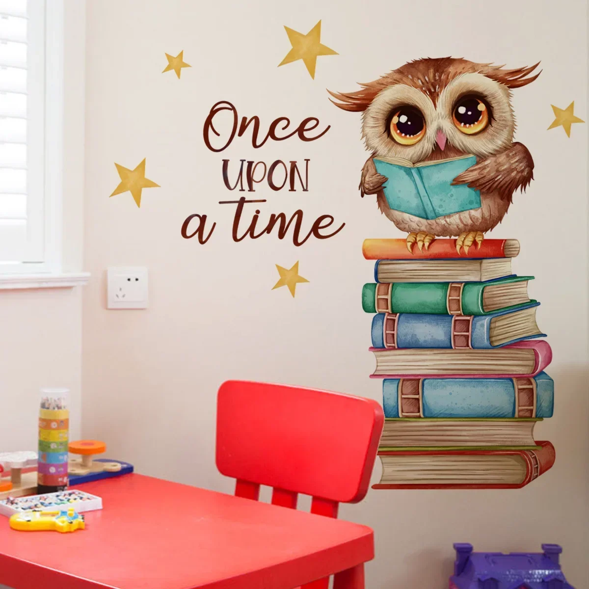 Cute Cartoon Reading Book Owl Wall Sticker Boy Girl Kid Bedroom Study Room Kindergarten Classroom Library Wall Anime Decoration