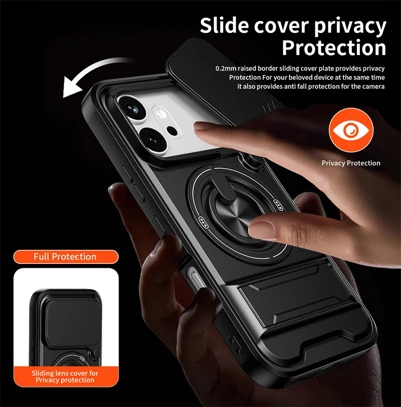 Armor Slide Camera Protection Case with Ring Kickstand and Car Magnetic Holder