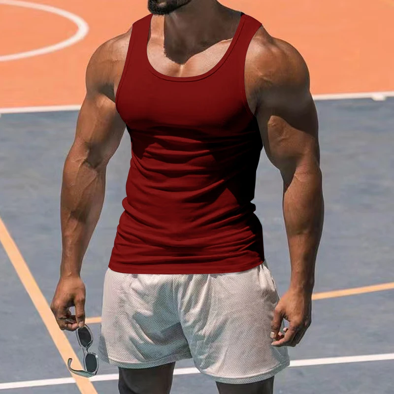 2024 europäische und amerikanische Sommer Fitness Sport Trainings weste Amazon grenz überschreitende Männer einfarbig lässig atmungsaktiv i-Tank mich – Detail 11