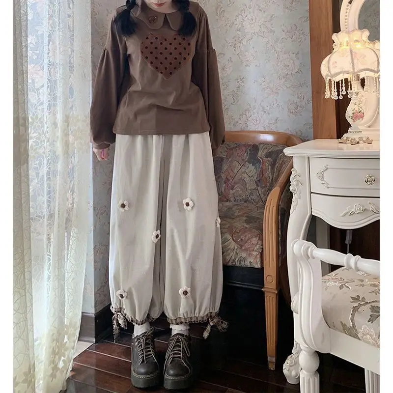 Retro 3D Flower Lantern Pants for Women's Spring and Autumn 2024 New Kawaii Lolita High Waist Loose Versatile Wide Leg Pants