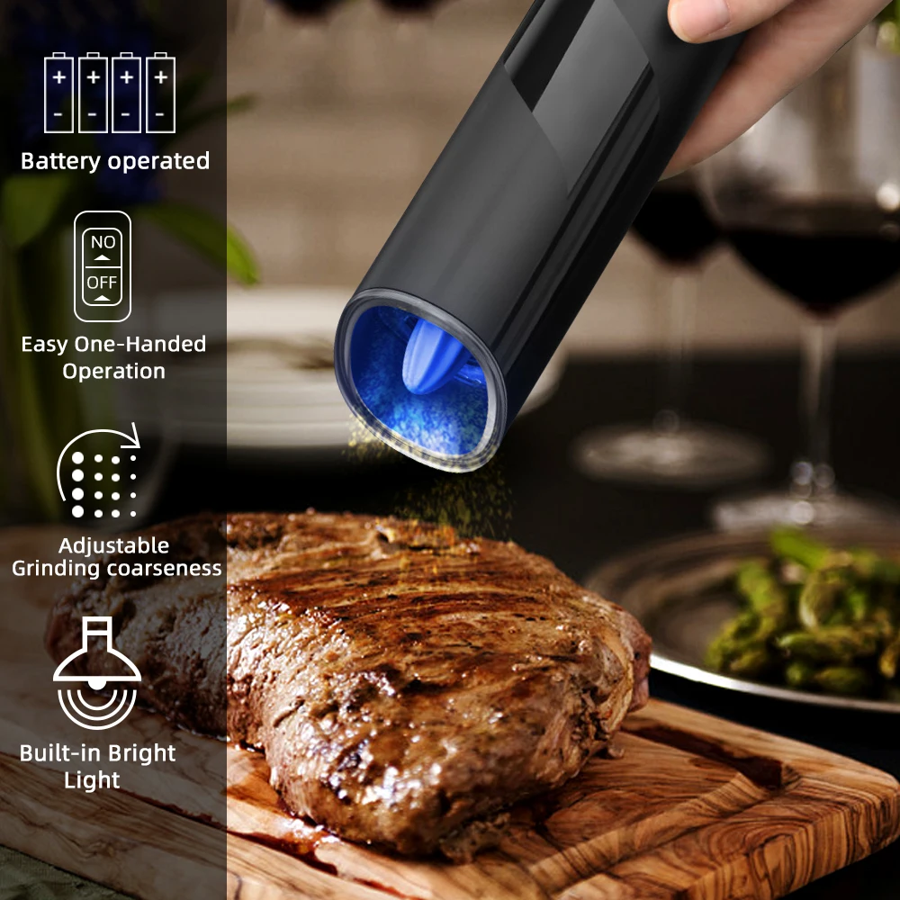 Electric Salt or Pepper Grinder Battery Operated Gravity with Light Switch Button Automatic Mill