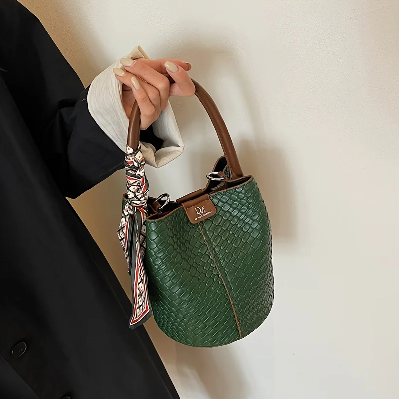 Fashionable Women's Bucket Bag, Stylish Solid Color Woven Effect Handbag Shoulder Bag and Crossbody Bag, Can Be Carried By Hand