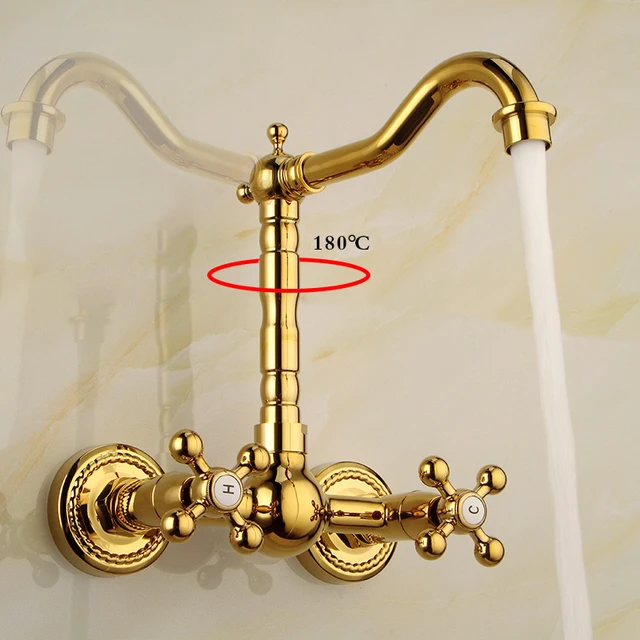 อ่างล้างหน้าทองเหลืองสีทองหรูหราในห้องครัวห้องน้ำก๊อกน้ำผสมก๊อกติดผนังแบบคู่ 3 อ่างล้างหน้าทองเหลืองสีทองหรูหราในห้องครัวห้องน้ำก๊อกน้ำผสมก๊อกติดผนังแบบคู่ 3