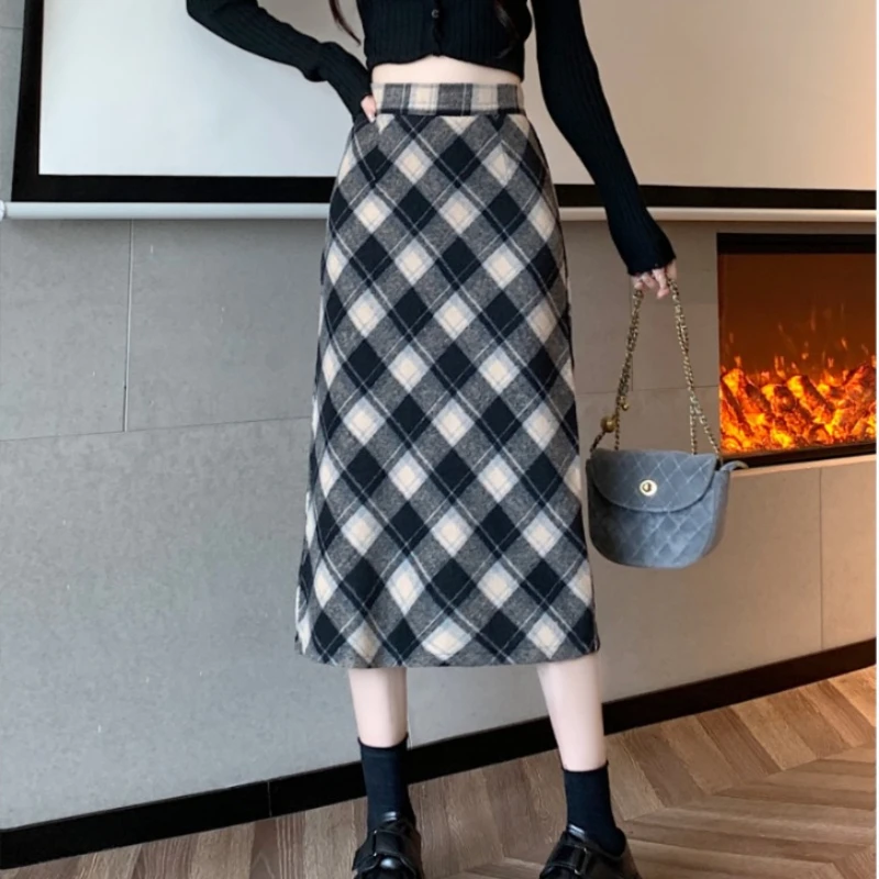 Korean Style Plaid Long Skirts Women High Waist A-line Slimming Office Lady Autumn and Winter Basics Fashion Daily Skirt Female