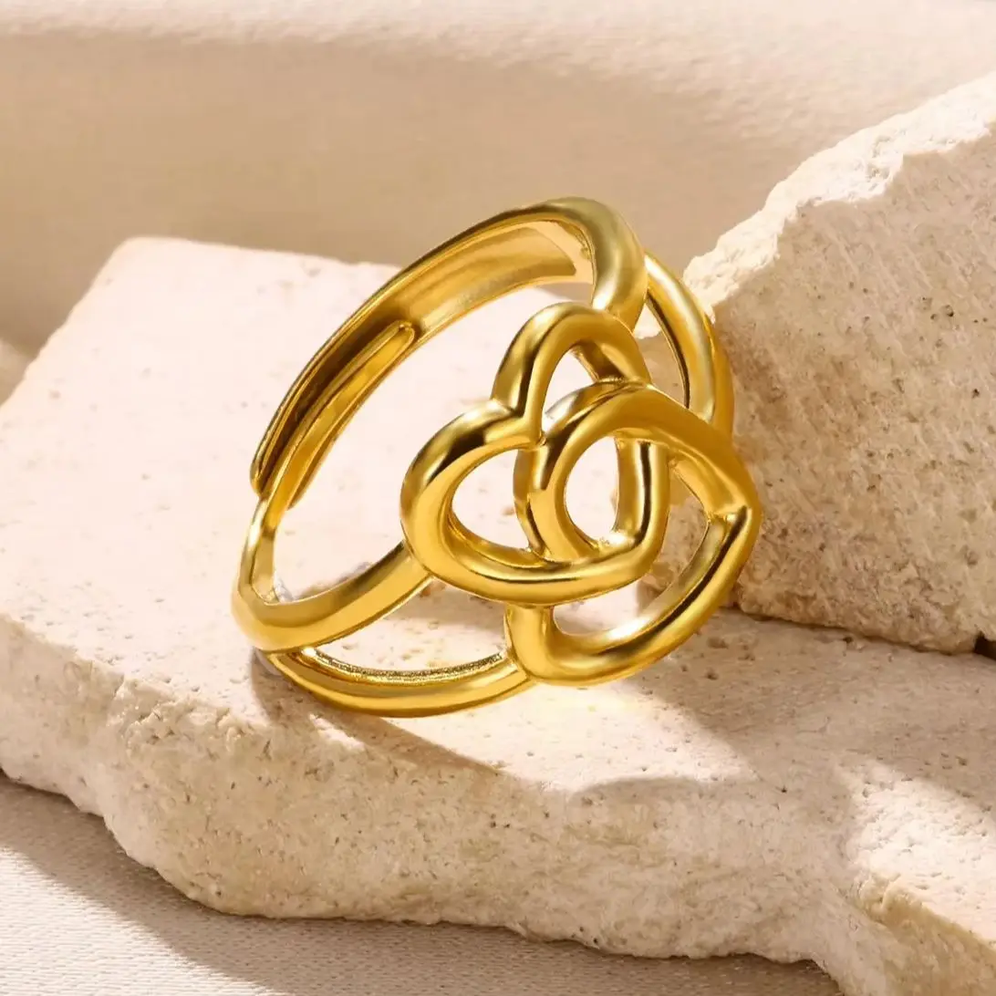 Hollow Double Heart Open Rings For Women Gold Plated Wedding Engagement Ring