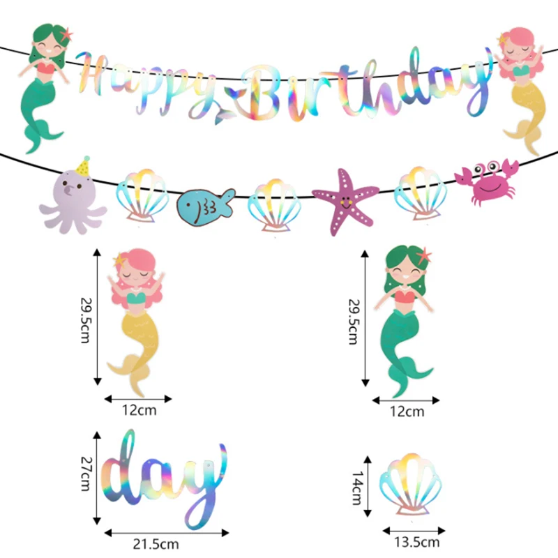 Mermaid Happy Birthday Party Banner Ocean Under the Sea Theme Party  Decoration Hanging Colorful Garland Girl Baby Shower Supplie