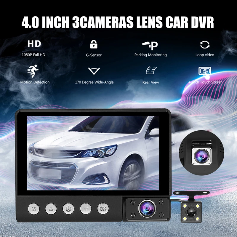 

Dash cam 1080p Video Car Black Box front rear inside 3 Lens Car Video recorder car accessories 4.0 Inch Car Dvr IPS Touch screen