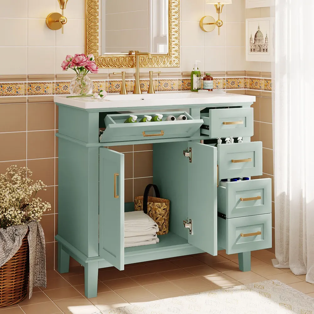 36-inch Bathroom Vanity with Resin Sink, Modern Bathroom Cabinet in Blue, Featuring Two Soft Close Doors and Four Drawers 5
