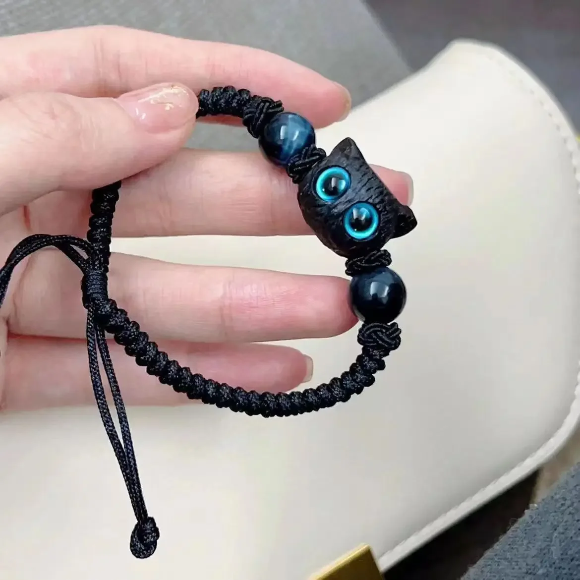 Adjustable Braided Rope Cute Black Cat Charm Bracelet for
