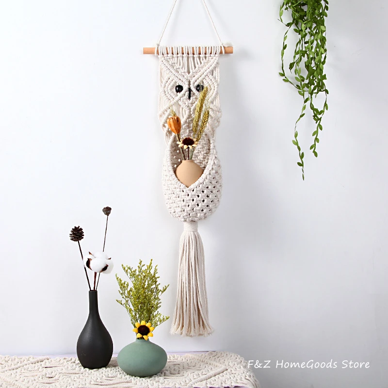 Hanging Plant Baskets Nordic Style Macrame Tapestry Owl Flowerpot Net Wall Decor 