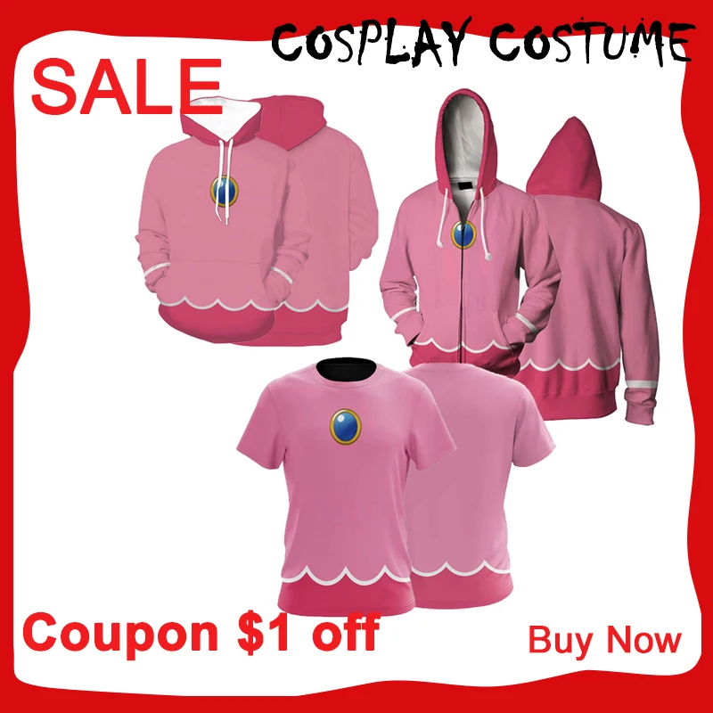 

Girls Princess Peach Cosplay Anime Hoodie 3D Printed Hooded Sweatshirt Women Casual Pink T-shirt Streetwear Zip Up Jacket Coat