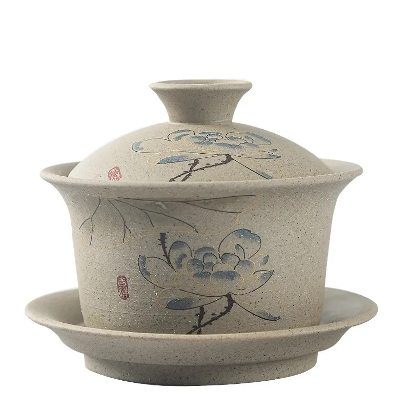 Jingdezhen Ceramic Gaiwan Bowl Chinese Style Stoneware Retro Tea Set Handmade Bubble Tea Bowl Travel Cup 150ml