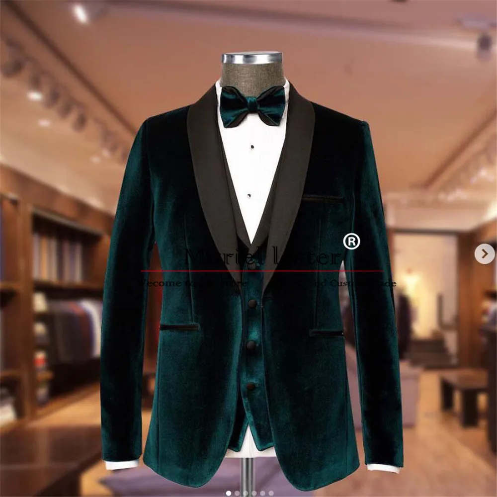 

Green Velvet Wedding Man Suits Tailored Black Satin Lapel Prom Blazer Business Evening Party Man Groom Tuxedos Trajes De Hombre