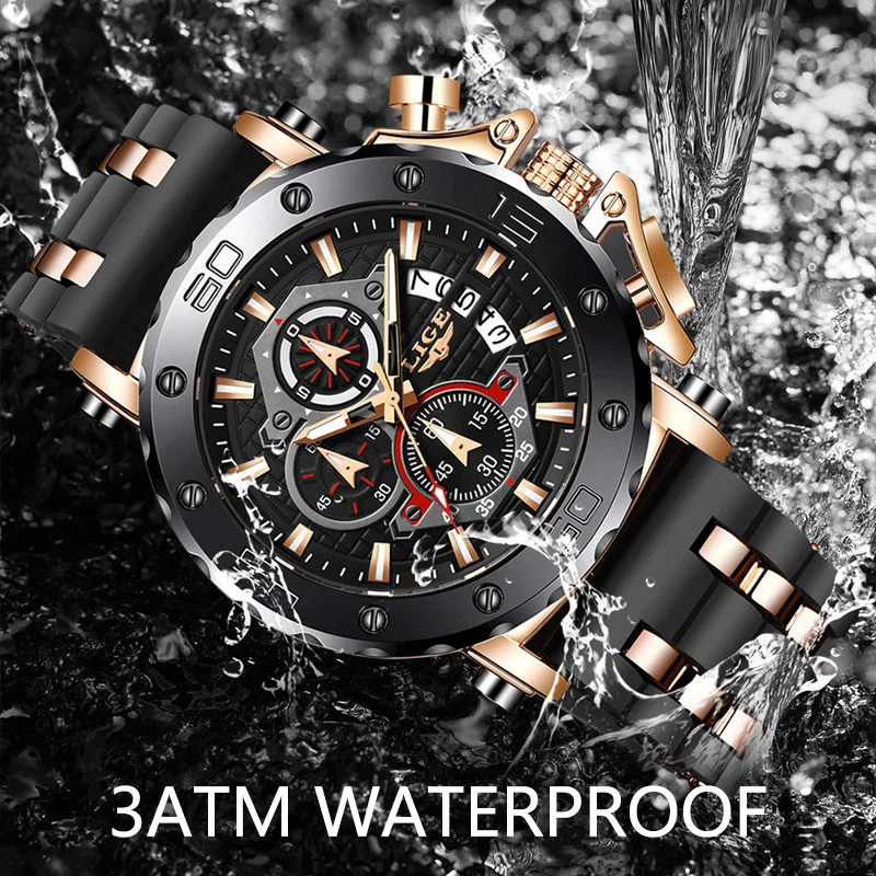 LIGE Men Watch Luxury Waterproof Quartz Wristwatch Chronograph Luminous Date Sports Silicone Clock Big Dial Man Watches+Box