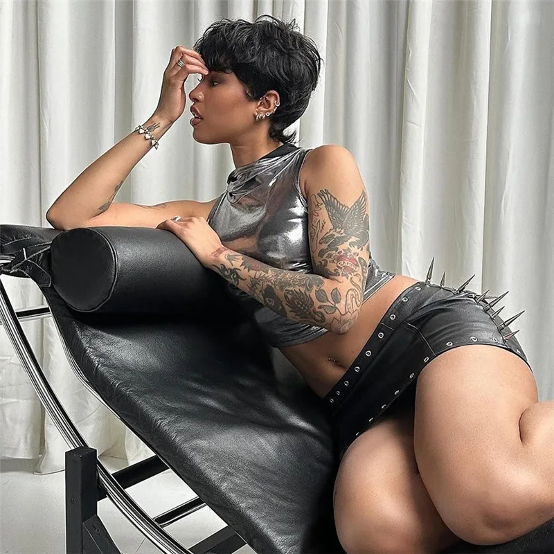 Top corto de seda brillante para mujer, ropa atrevida, accesorios Y2k, corsé de cuello redondo, ropa para mujer, sin mangas, conjuntos sexis para club rave, camisola de verano