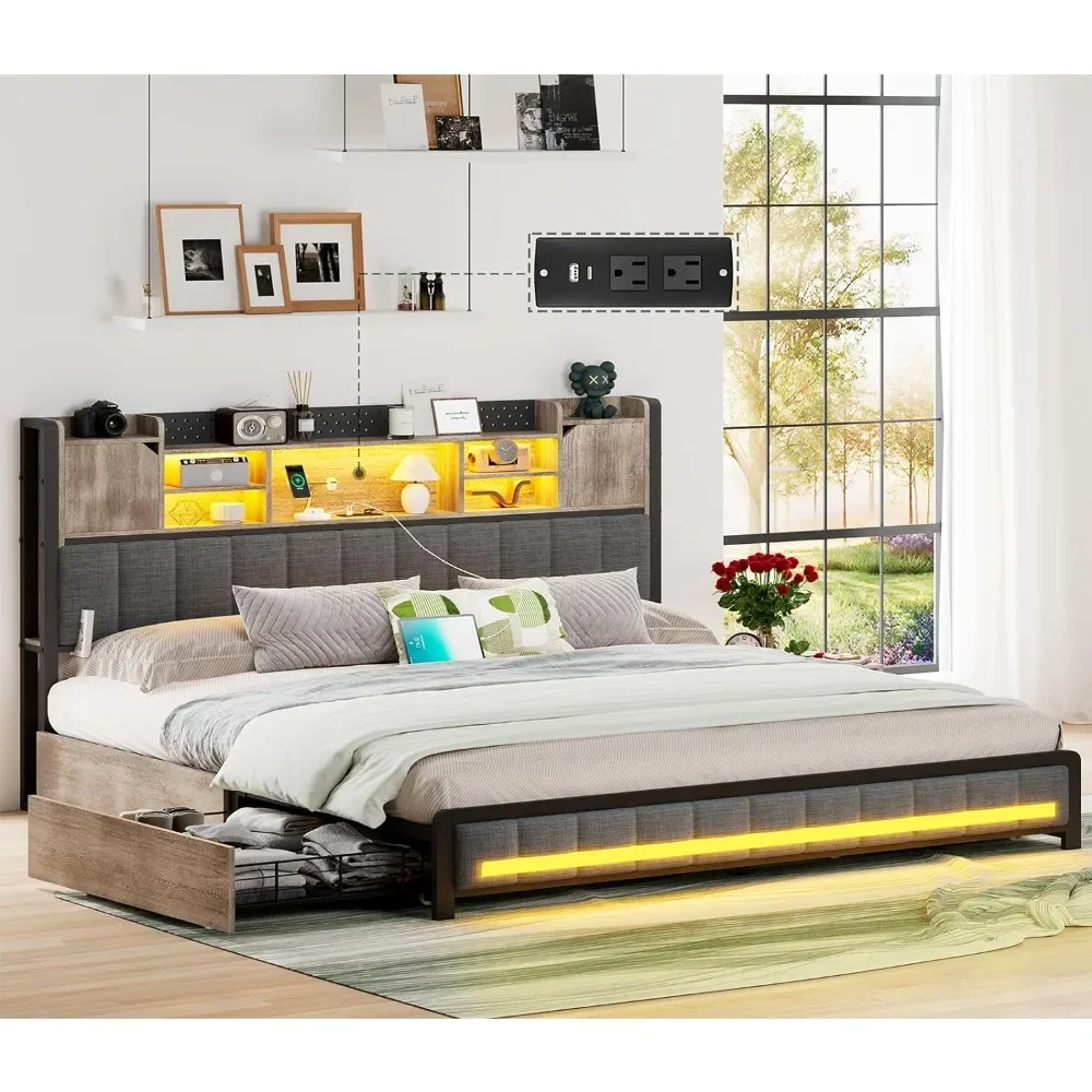 

Queen Size Bed Frame with Storage Headboard & 4 Drawers and Type-C & USB Ports, Metal Queen Platform Storage Light Up Beds Frame
