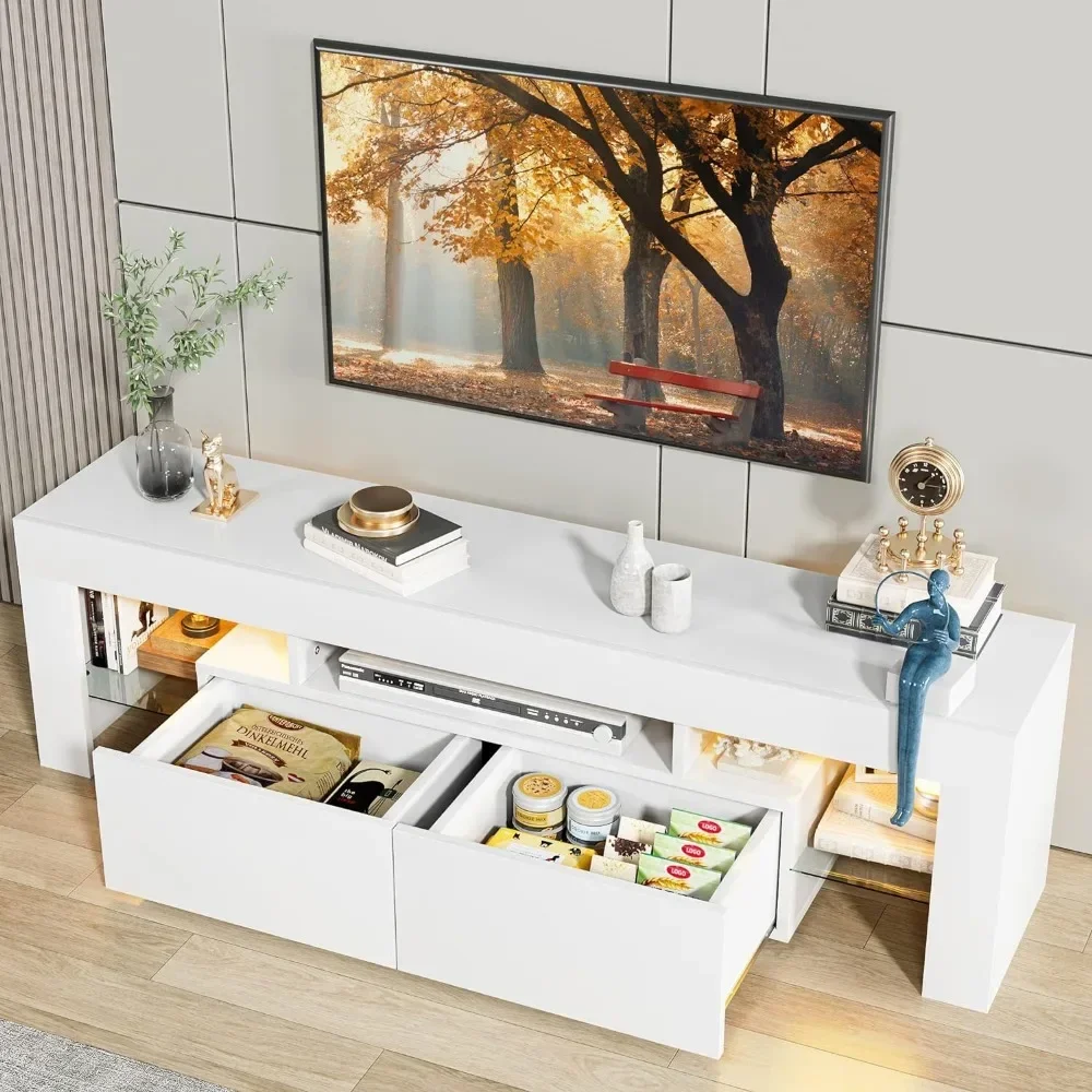 Media TV Console Table TV Stand with LED Lights Modern Entertainment Center Media and Open Shelf Console Table Storage Desk TV Stand