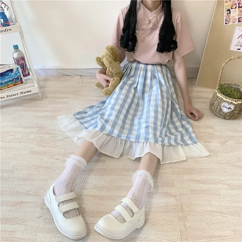 Sweet Girl Plaid Long Skirt Vintage Ruffle Patchwork Blue White Over Knee Length Women Mori Lolita Cute Pleated Midi Skirts Tutu