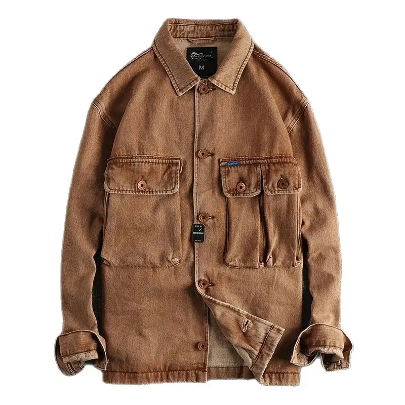 

Heavy do old washed coffee color denim jacket men retro trend three-dimensional pocket youth cardigan coat